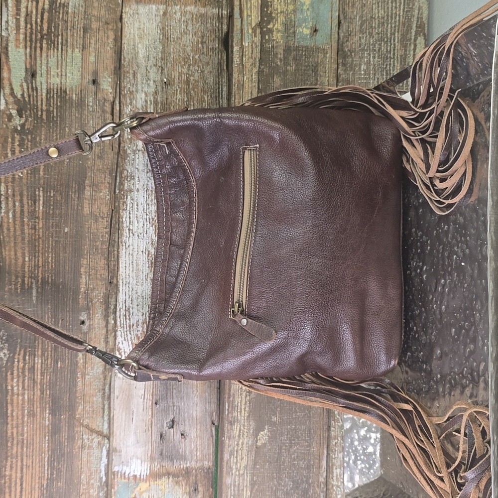 Myra Brown Leather With Calf Hair Trim & Fringe Women Bag, Crossbody - Picture 2 of 6
